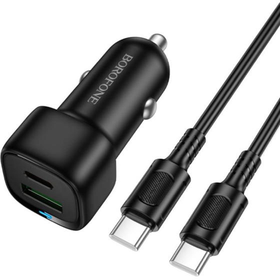 Borofone - Car Charger Cloud (BZ34B) - Type-C Cable Included, Type-C + USB-A, PD20W, QC3.0, Dual Port, 38W, Abs - Black