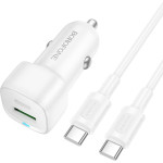 Borofone - Car Charger Cloud (BZ34B) - Type-C Cable Included, Type-C + USB-A, PD20W, QC3.0, Dual Port, 38W, Abs - White