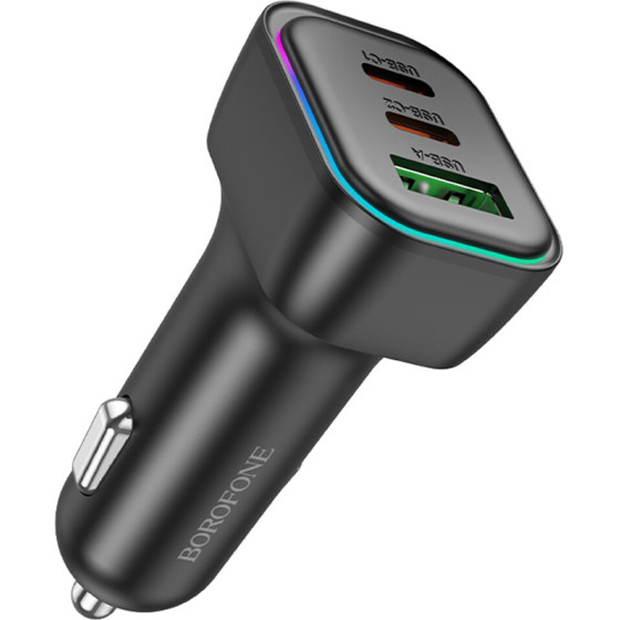 Borofone - Car Charger Trophie (BZ28C) - 1x USB, 2x Type-C, High Power, PD, PPS, QC3.0, FCP, AFC, 60W, RGB, 12-24V - Black