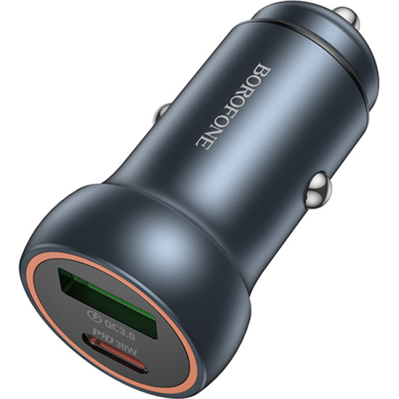 Borofone - Mini Car Charger Fresh (BZ32A) - Type-C, USB, Fast Charge, Dual Port, 30W (PD/QC), Aluminum Alloy - Metal Gray