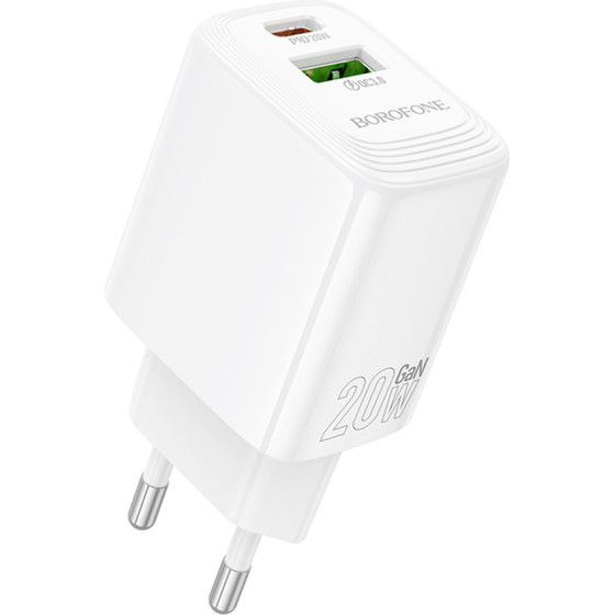 Borofone - Wall Charger Fuente (BN27) - Dual Port, Usb + USB-C, PD20W, QC3.0, Gan Technology - White