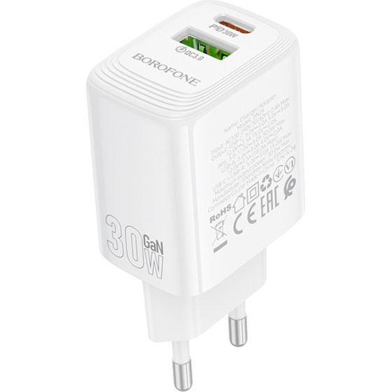 Borofone - Wall Charger Fuente (BN29) - Dual Port, Usb + Type-C, PD30W, QC3.0, Gan Technology - White