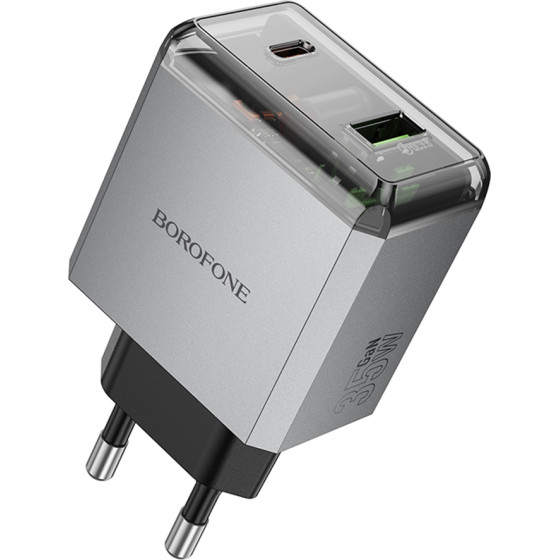 Borofone - Wall Charger Lena (BN20) - Dual Port, USB-C + USB-A, PD35W, QC3.0, Flame-Retardant PC, 5V/3A - Metal Gray