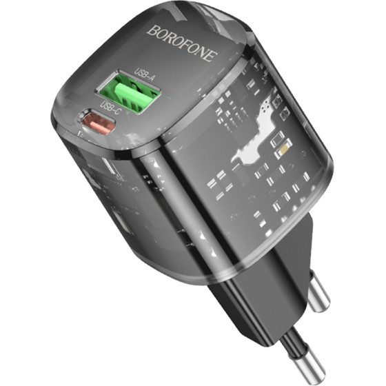 Borofone - Wall Charger Sunlight (BN17) - Dual Port, USB-C + USB-A, 5V/3A, PD20W, QC3.0 - Transparent/Black