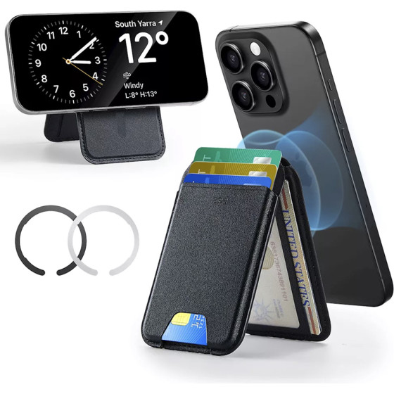 ESR - Classic Magnetic Wallet Stand - With Magnetic Ring, Vegan Leather, Adjustable, 3x Card Slots - Black - (3C13210300165)
