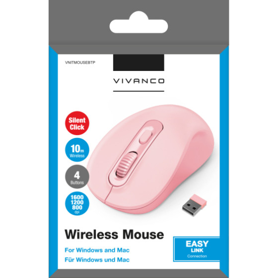 Vivanco Wireless Mouse Optical Ergonomic Design And Silent Click Pink - (VNITMOUSEBTP)