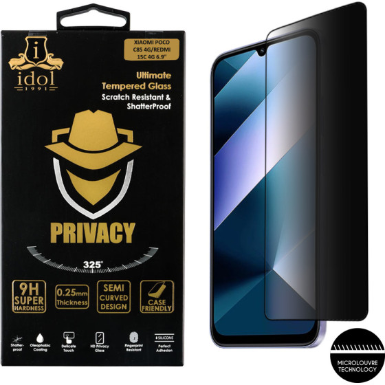 Idol 1991 Tempered Glass Xiaomi Poco C85 4G/Redmi 15C 4G 6.9'' 9H 0.25mm Privacy Antispy Semi Curved Full Glue BLACK