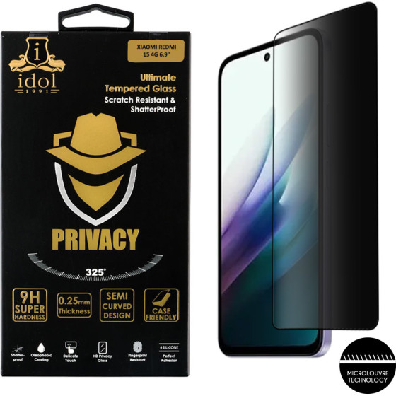 Idol 1991 Tempered Glass Xiaomi Redmi 15 4G 6.9'' 9H 0.25mm Privacy Antispy Semi Curved Full Glue BLACK