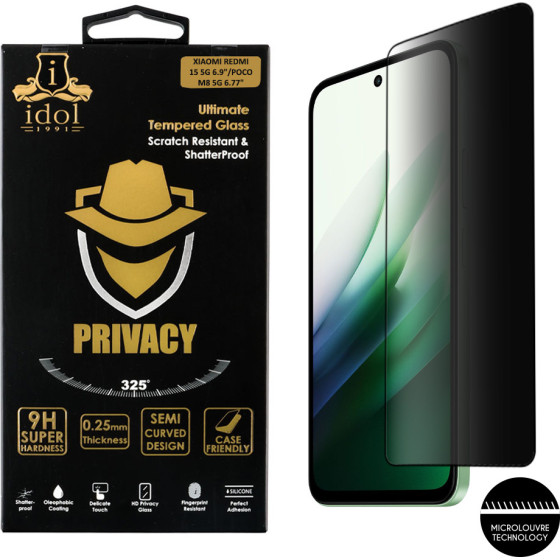 Idol 1991 Tempered Glass Xiaomi Redmi Note 15 5G/Poco M8 5G 6.77'' 9H 0.25mm Privacy Antispy 3D Semi Curved Edge Glue BLACK
