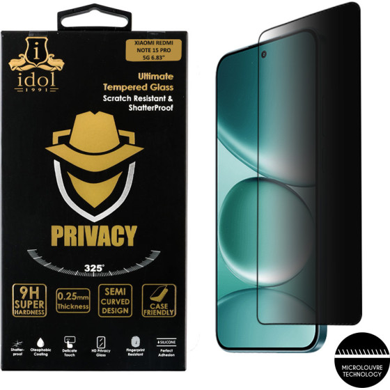 Idol 1991 Tempered Glass Xiaomi Redmi Note 15 Pro 5G 6.83'' 9H 0.25mm Privacy Antispy Semi Curved Full Glue BLACK