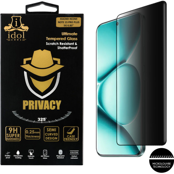Idol 1991 Tempered Glass Xiaomi Redmi Note 15 Pro Plus 5G 6.83'' 9H 0.25mm Privacy Antispy 3D Semi Curved Edge Glue BLACK