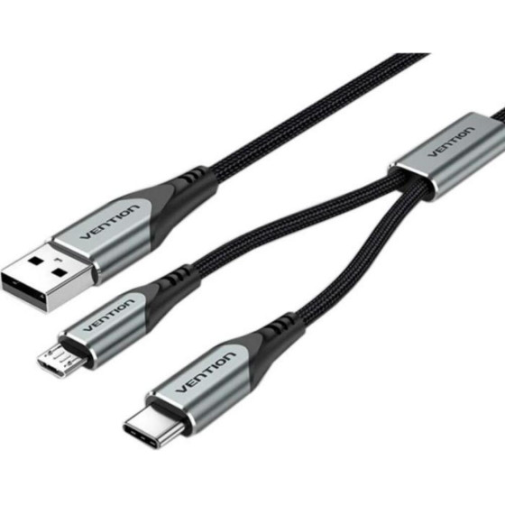 Vention Nylon Braided Usb 2.0 A Male To Dual Type-C Male 3A Y-Splitter Cable 0.5M Gray Aluminum Alloy Type - (CQOHD)