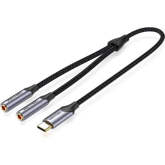 Vention Type-C Male To 2*3.5mm Earphone Jack Adapter 0.3M Gray Aluminum Alloy Type - (BGNHY)