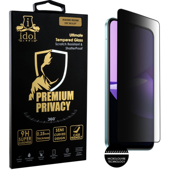 Idol 1991 Tempered Glass Xiaomi Redmi 15C 5G 6.9'' 9H 0.25mm Premium Privacy Antispy Semi Curved Full Glue BLACK