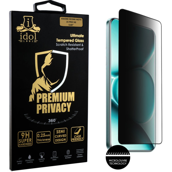 Idol 1991 Tempered Glass Xiaomi Redmi Note 15 Pro 5G 6.83'' 9H 0.25mm Premium Privacy Antispy Semi Curved Full Glue BLACK