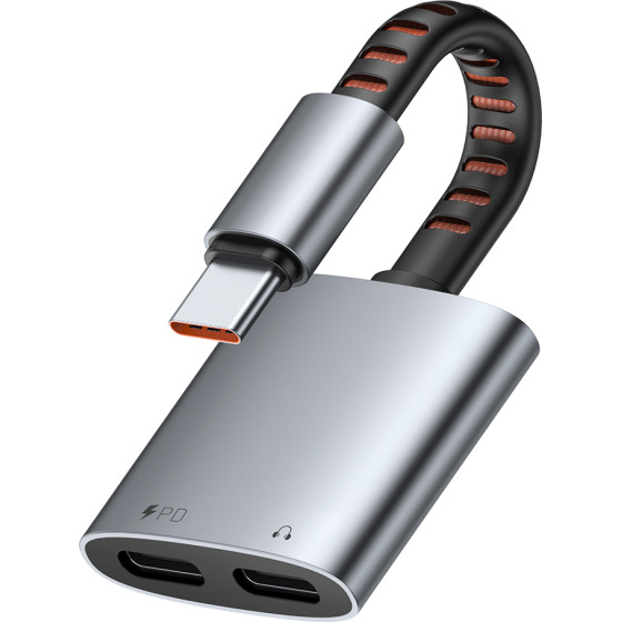 Mcdodo - Audio Adapter - Type-C to 2x Type-C, 3A, 60W, Premium Sound Quality, Aluminum Alloy/Nylon, 0.1m - Gray - (CA-3370)