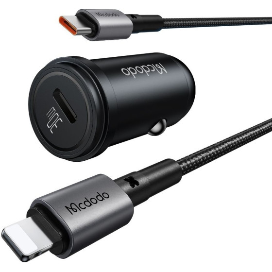 Mcdodo - Car Charger Obsidian Series - Type-C to Lightning Cable Included, PD30W, Smart IC, Mini Size, 1.2m - Black - (CC-7492)