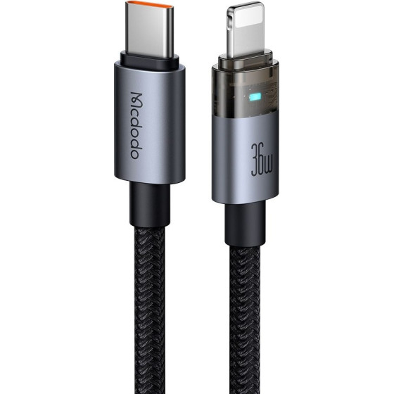 Mcdodo - Data Cable (CA-6940) - with Charging Light, USB-C to Lightning, Transparent Cable, 36W, 1.2m - Black