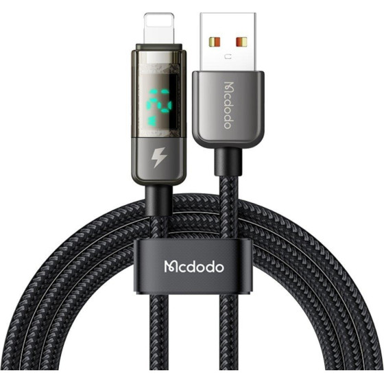 Mcdodo - Data Cable - USB-A to Lightning, 3A, Digital Display, Auto Power Off, Transparent Design, 1.2m - Black - (CA-3620)