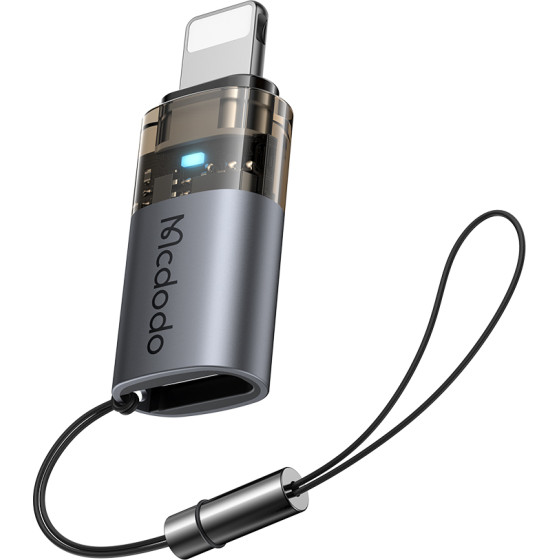 Mcdodo - OTG Adapter - USB-C to Lightning, Aluminium Alloy, Charging & Data Sync, 36W, Blue Light, Lanyard - Black - (OT-7630)