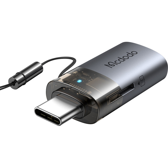 Mcdodo - OTG Adapter 2in1 - USB to USB-C, Built-in Card Reader, Charging & Data, 5Gbps, Blue Light, Lanyard - Black - (OT-7600)
