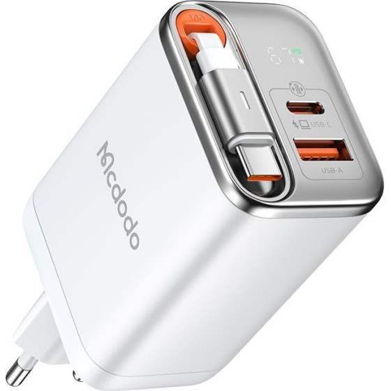 Mcdodo - Wall Charger FreeGo Series (CH-4103) - Built-in USB-C Retractable Cable, USB-A/C, 67W, Digital Display, 65cm - White