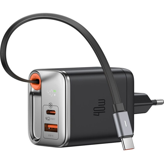 Mcdodo - Wall Charger FreeGo Series (CH-4281) - Built-in USB-C Retractable Cable, USB-A/C, 40W, Digital Display, 65cm - Black