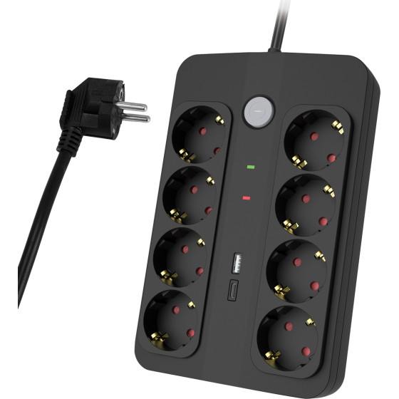 Powertech ��������� ��������� 8 ������, �� Usb & USB-C �����, 16A, 1.5m, ����� - (PT-1535)