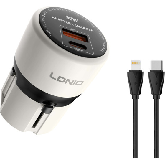 Ldnio ��������� ������ Q2319 �� ������� Lightning, EU/UK/US/Au �����, USB/USB-C, 30W, ����