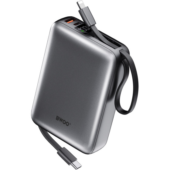 BWOO Power Bank P73 22.5W 20000 Mah With 2 built-In Cables 1 x USB-C 1 x Lightning black