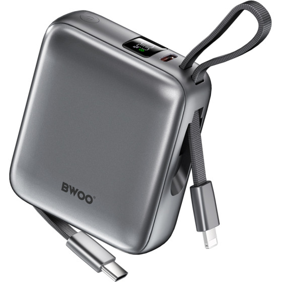 BWOO Power Bank P74 22.5W 10000 Mah With 2 built-In Cables 1 x USB-C 1 x Lightning black