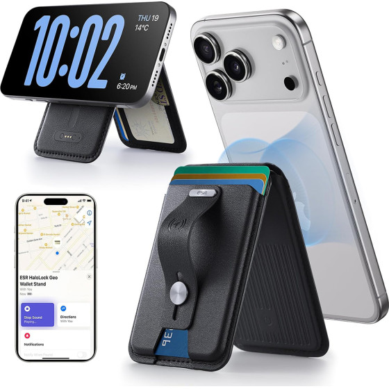ESR - Geo Halolock Wallet Stand - MagSafe, Vegan Leather, All In One Pocket, Holds 1-5 Cards - Midnight Black - (2K6090163)