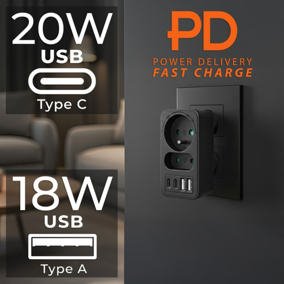 Maclean current socket x2 + 4xUSB, splitter with 2 sockets, 2xUSB A, 2xUSB C PD 20W, 1x16A + 1x6A, - (MCE249 F/B)