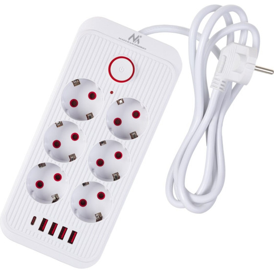 Maclean power strip, 6 socket extension + 4xUSB, 110-240V AC 50/60Hz, 2.1A max 2500W, 1.5 m, white, - (MCE389 W)