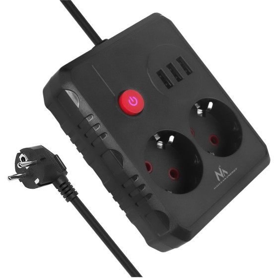 Maclean power strip, extender 2 sockets + 3xUSB, 110-240V AC 50/60Hz, 2.1A max 2500W, 1.5m, black, - (MCE387 B)