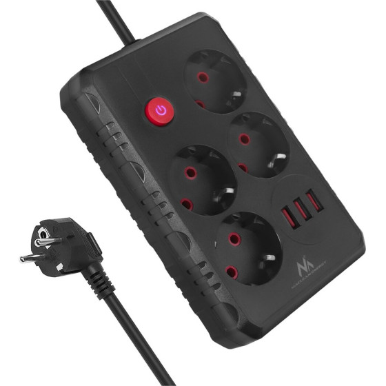 Maclean Power strip, 4-Socket Extension Cable + 3xUSB, 110-240V Ac 50/60Hz, 2.1A Max 2500W, 3m, black, - (MCE393 B)