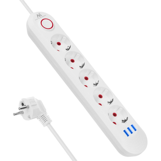 Maclean Power strip, 5 Socket Extension + 3xUSB, 110-240V Ac 50/60Hz, 2.1A Max 2500W, 1.5m, white, - (MCE395 W)