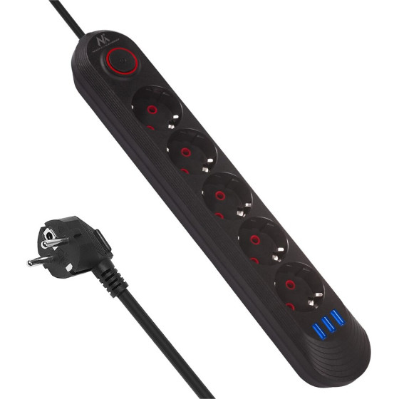 Maclean Power strip, 5 Socket Extension Cable + 3xUSB, 110-240V Ac 50/60Hz, 2.1A Max 2500W, 1.5m, black, - (MCE395 B)