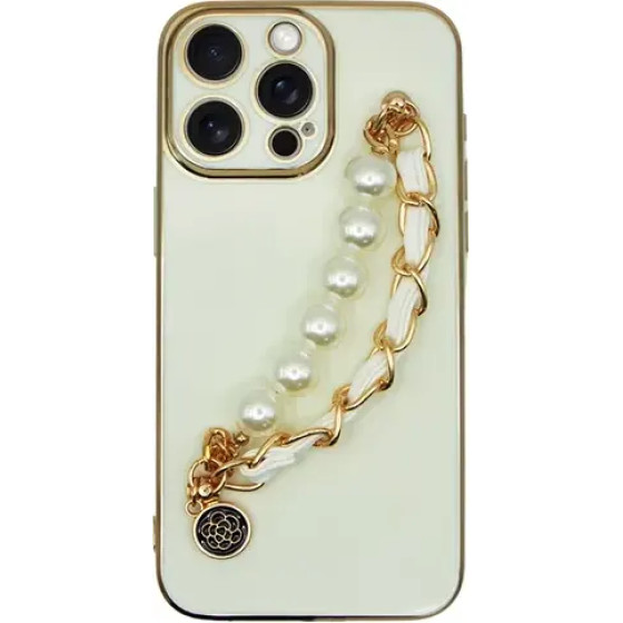 Vivid Silicone Case Pearl Chain Holder Apple Iphone 13 Pro Max White/Gold - (CS-Fshn HLD-2403004)