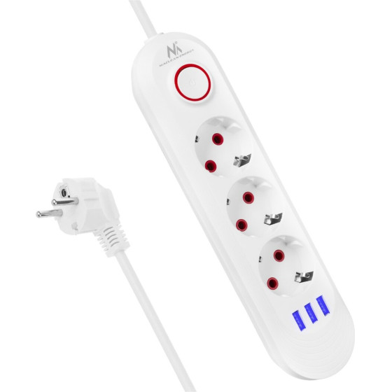 Maclean power strip, 3 socket extension + 3xUSB, 110-240V AC 50/60Hz, 2.1A max 2500W, 1.5m, white, - (MCE394 W)