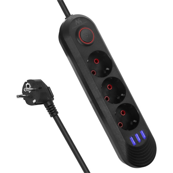 Maclean power strip, 3-socket extension cable + 3xUSB, 110-240V AC 50/60Hz, 2.1A max 2500W, 1.5m, black, - (MCE394 B)