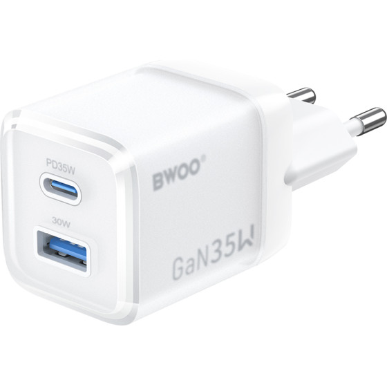 BWOO Gan Wall Charger CDA222 Pd 35W 1 x Usb 1 x USB-C, white