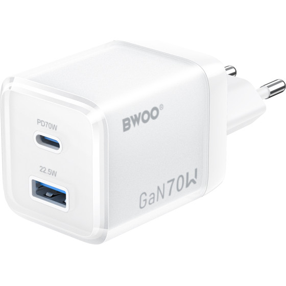 BWOO Gan Wall Charger CDA224 Qc 70W 1 x Usb 1 x USB-C, white