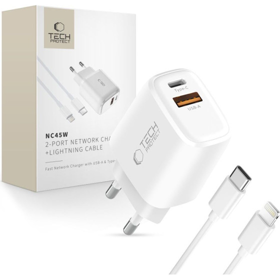 Tech-Protect NCA45W-Gan 2-Port Network Charger Pd 45W / QC3.0 + Lightning Cable WHITE