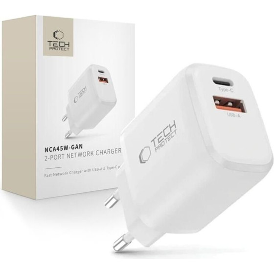 Tech-Protect NCA45W-Gan 2-Port Network Charger Pd 45W / QC3.0 WHITE