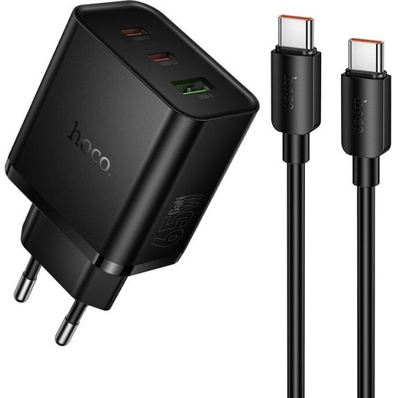Hoco Phone Charger 2x Usb C + Usb A QC3.0 Pd 3A 65W + Data Cable Usb C To Usb C N75 black