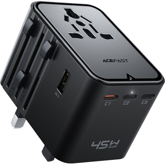 Acefast - Travel Adapter (Z8) - 3x USB-C, 2x USB, EU, UK, AUS, US, 45W, Gan Technology, Fast Charging - Black