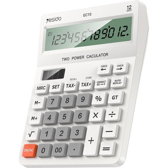 Yesido - Desk Calculator - Lcd Display, Ergonomic Design, Solar And Battery Power Source, Max 12 Digits Of Number - White - (EC10)