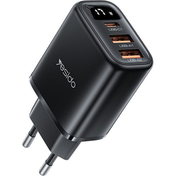 Yesido - Wall Charger - With Digital Display, Quick Charge, For Phone, Tablet, 3in1, 2x USB, Type-C, 17W - Black - (YC67)