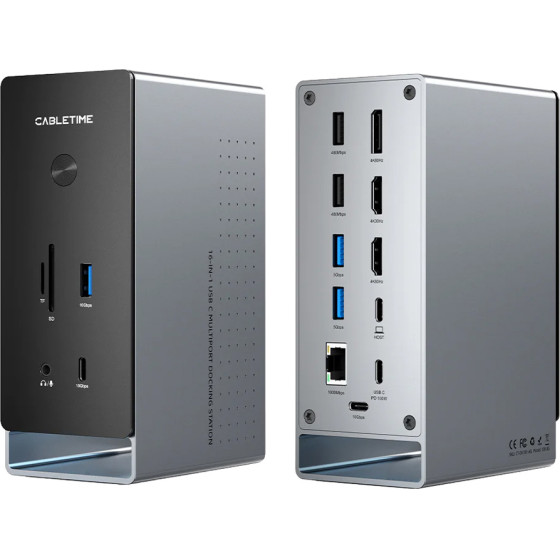 Cabletime Docking Station 16 �����, USB-C �������, 100W PD, 1000Mbps, MST, ���� - (CT-DK181-AG)